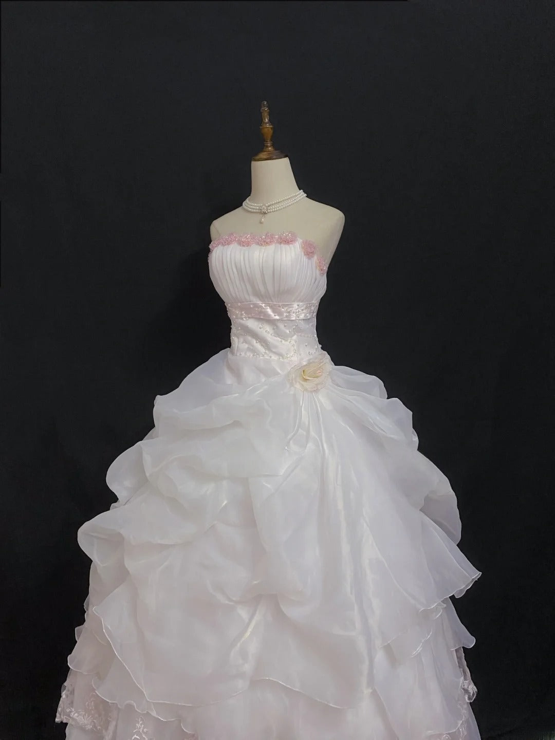 Princesses Fairytale Ball Gown Strapless Light Pink Organza Long With Flowers Quince Dress Quinceanera Dresses Formal Birthday Outfits RB8007