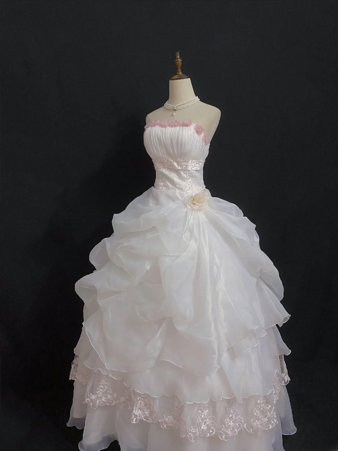 Princesses Fairytale Ball Gown Strapless Light Pink Organza Long With Flowers Quince Dress Quinceanera Dresses Formal Birthday Outfits RB8007