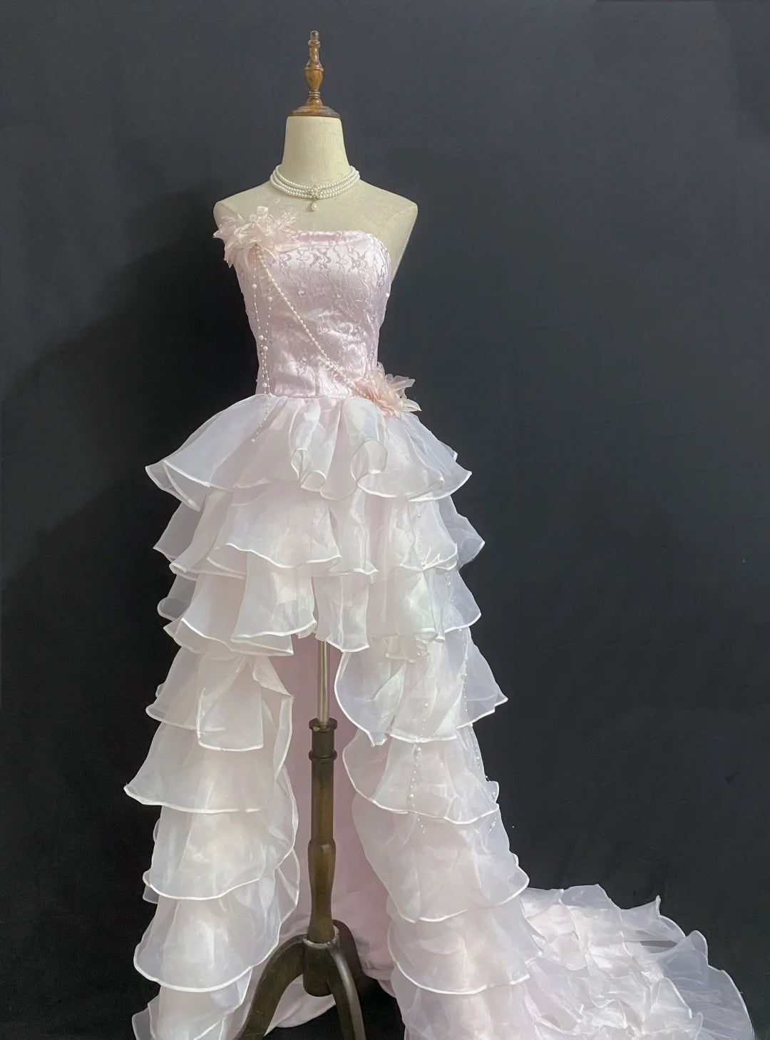 Vintage 80s High Low Strapless Light Pink With Tiered Layers Prom Dresses Formal Outfits Evening Night Dress RB8008