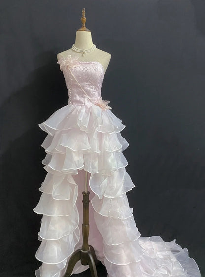 Vintage 80s High Low Strapless Light Pink With Tiered Layers Prom Dresses Formal Outfits Evening Night Dress RB8008