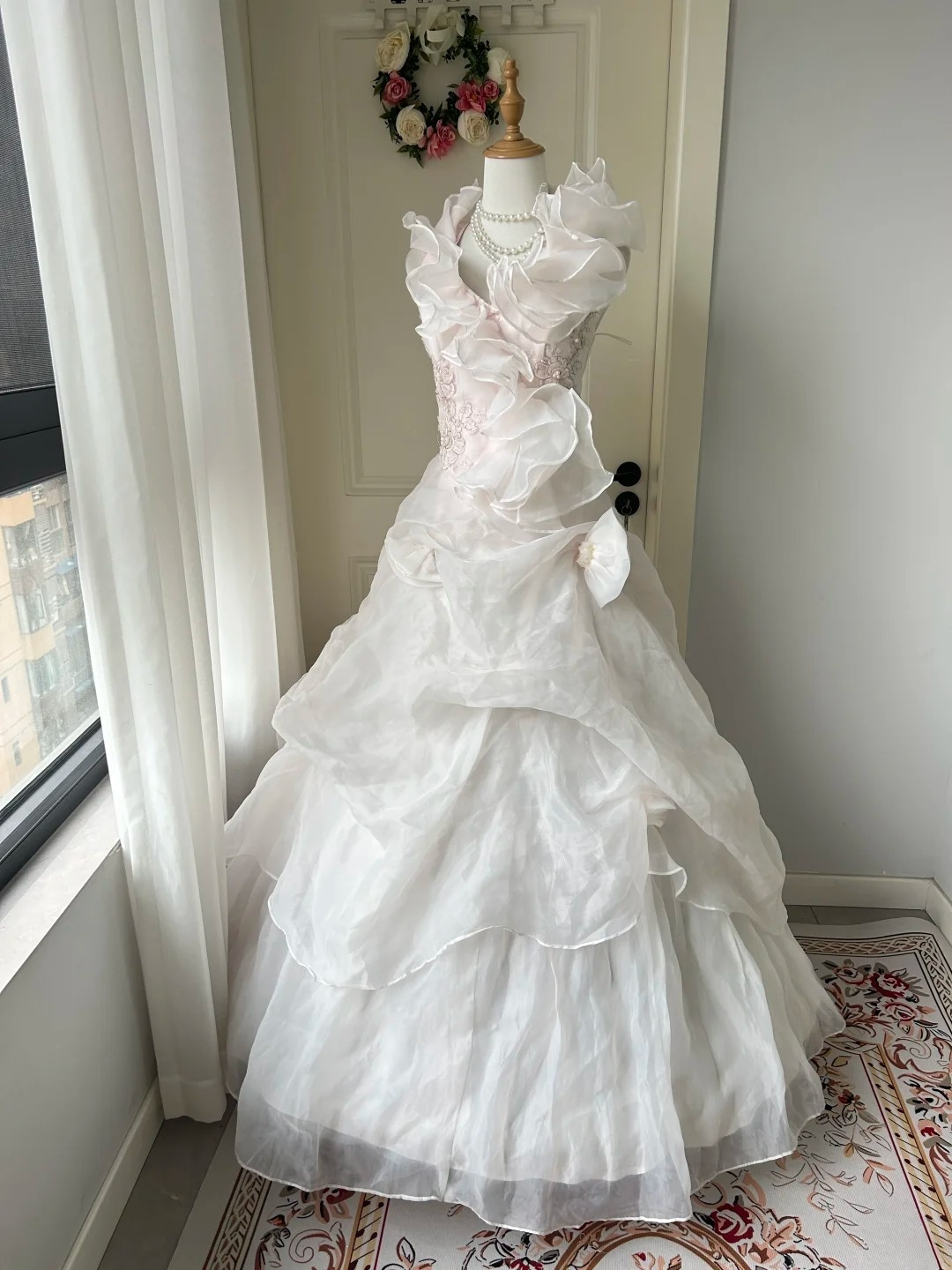 Sweet 16 Quinceanera Dress Ball Gown Square Neck Light Pearl Pink With Ruffled Tiered Layers Birthday Party Gown RC0911