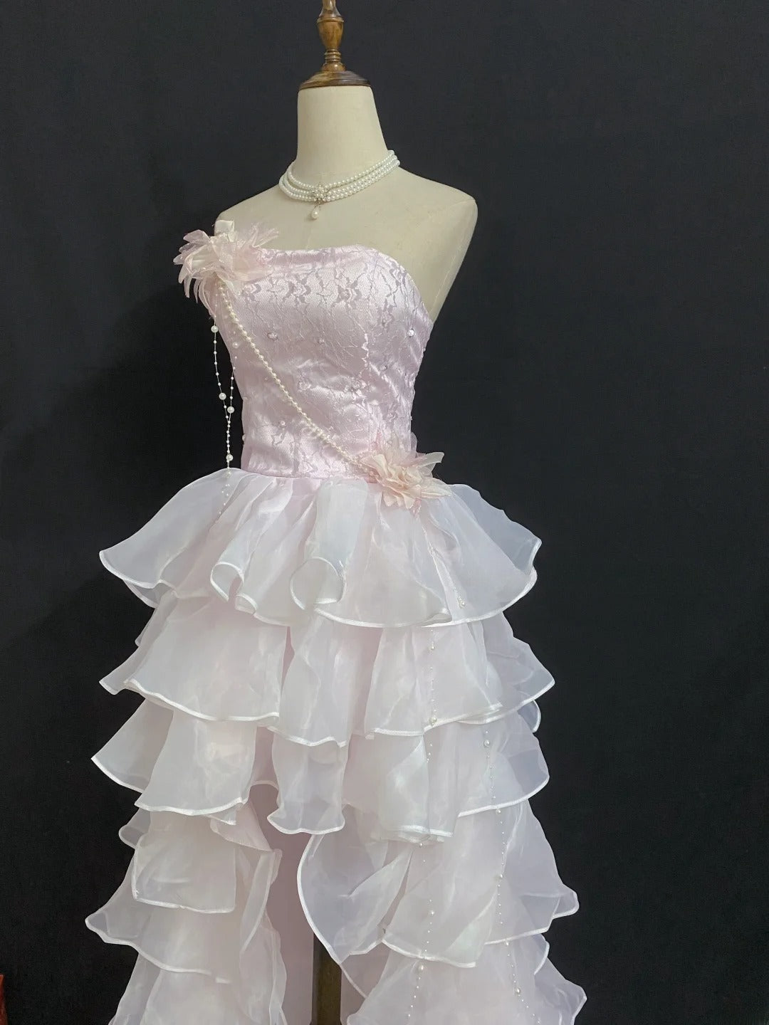 Vintage 80s High Low Strapless Light Pink With Tiered Layers Prom Dresses Formal Outfits Evening Night Dress RB8008