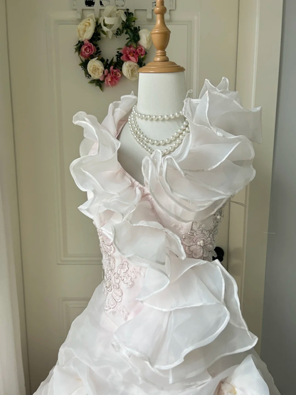 Sweet 16 Quinceanera Dress Ball Gown Square Neck Light Pearl Pink With Ruffled Tiered Layers Birthday Party Gown RC0911