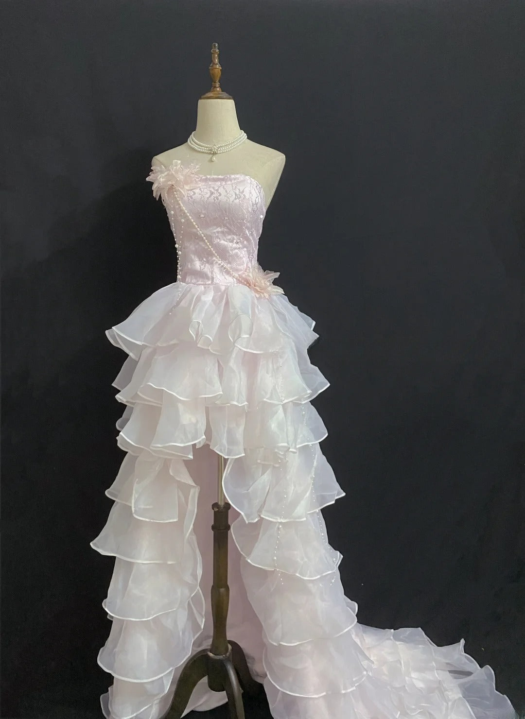 Vintage 80s High Low Strapless Light Pink With Tiered Layers Prom Dresses Formal Outfits Evening Night Dress RB8008