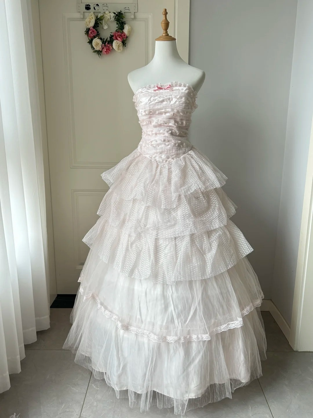Sweet 16 Quinceanera Dress Ball Gown Strapless Light Pearl Pink With Ruffled Tiered Layers Birthday Party Gown RC0912