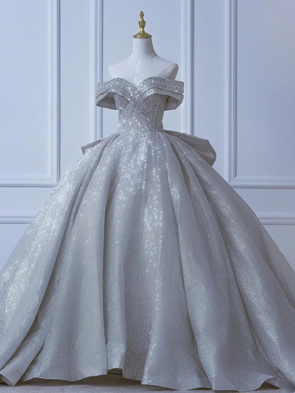 Robe de mariée longue et sobre, style bal, épaules dénudées, sequins, corsage plissé, traîne, AS552
