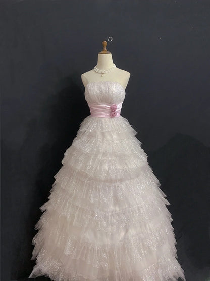 Princesses Fairytale Ball Gown Strapless Light Pink Tulle With Tiered Layers Quince Dress Quinceanera Dresses 19th Birthday Outfit RB8010