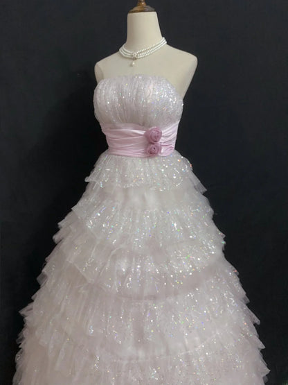 Princesses Fairytale Ball Gown Strapless Light Pink Tulle With Tiered Layers Quince Dress Quinceanera Dresses 19th Birthday Outfit RB8010