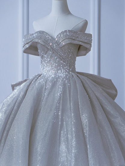 Robe de mariée longue et sobre, style bal, épaules dénudées, sequins, corsage plissé, traîne, AS552