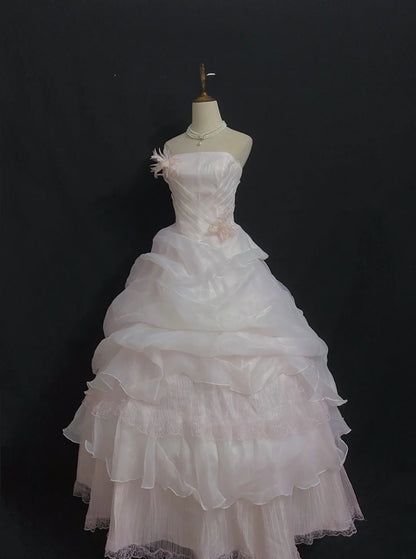 Princesses Fairytale Ball Gown Strapless Light Pink Long With Tiered Ruffled Quince Dress Quinceanera Dresses Formal Birthday Outfits RB8013