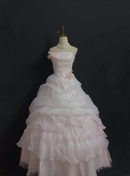 Princesses Fairytale Ball Gown Strapless Light Pink Long With Tiered Ruffled Quince Dress Quinceanera Dresses Formal Birthday Outfits RB8013