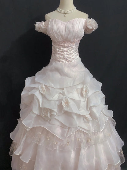 Princesses Fairytale Ball Gown Off The Shoulder Pearl Pink With Tiered Lace Quince Dress Quinceanera Dresses Formal 16th Birthday Outfit RB8014