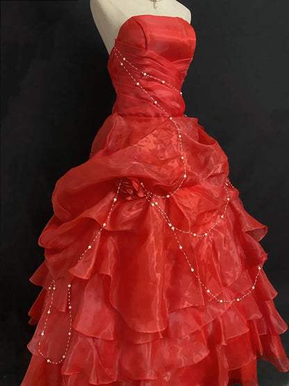 Dream Ball Gown Strapless Red Organza Poofy Long With Tiered Layers Quince Dress inspo Quinceanera Dresses Sweet 15 16 Outfits RB7796