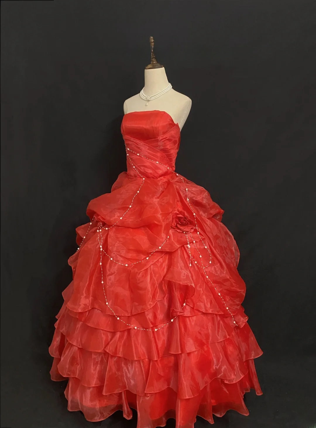 Dream Ball Gown Strapless Red Organza Poofy Long With Tiered Layers Quince Dress inspo Quinceanera Dresses Sweet 15 16 Outfits RB7796
