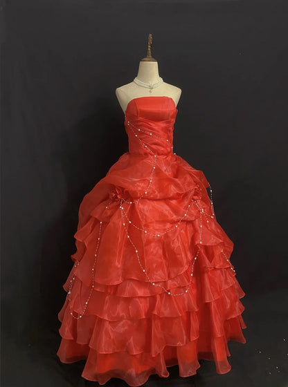 Dream Ball Gown Strapless Red Organza Poofy Long With Tiered Layers Quince Dress inspo Quinceanera Dresses Sweet 15 16 Outfits RB7796