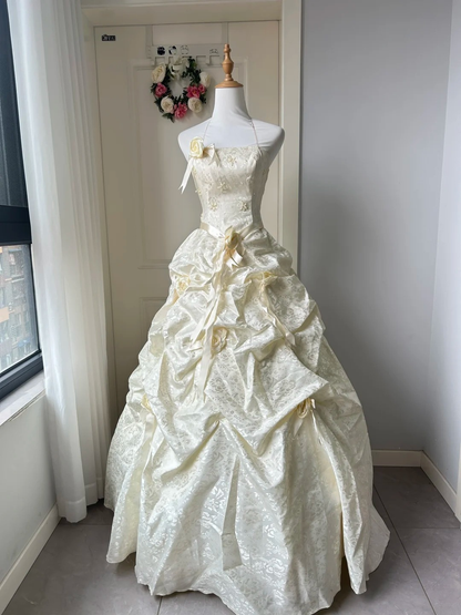 Sweet 16 Quinceanera Dress Ball Gown Halter Yellow With Tiered Flowers 15 Birthday Party Gown RC0925