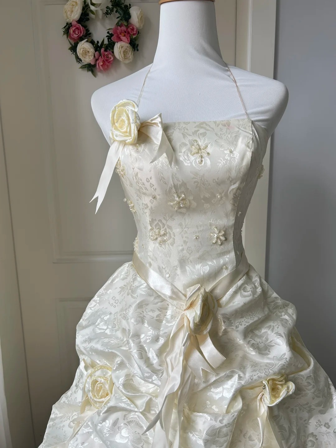 Sweet 16 Quinceanera Dress Ball Gown Halter Yellow With Tiered Flowers 15 Birthday Party Gown RC0925