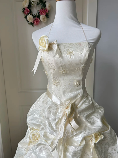 Sweet 16 Quinceanera Dress Ball Gown Halter Yellow With Tiered Flowers 15 Birthday Party Gown RC0925