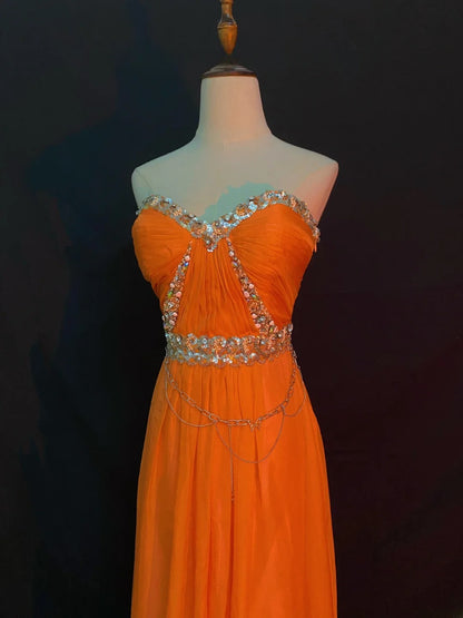 Vintage A Line Sweetheart Orange Chiffon With Beading Long Prom Dresses Formal Outfit Evening Night Dress RB7795