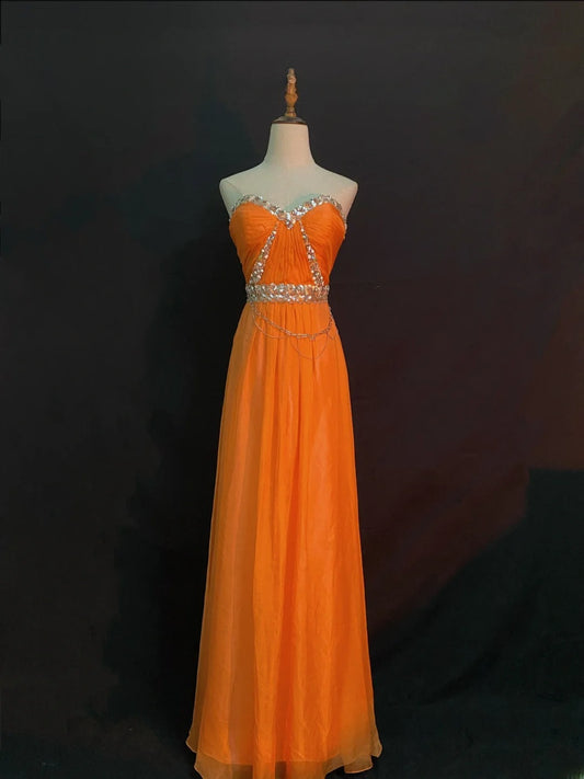 Vintage A Line Sweetheart Orange Chiffon With Beading Long Prom Dresses Formal Outfit Evening Night Dress RB7795