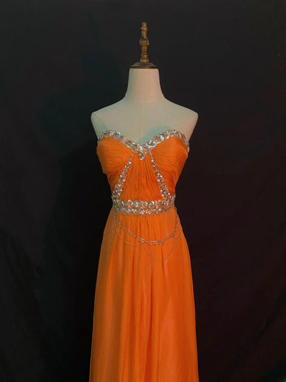Vintage A Line Sweetheart Orange Chiffon With Beading Long Prom Dresses Formal Outfit Evening Night Dress RB7795