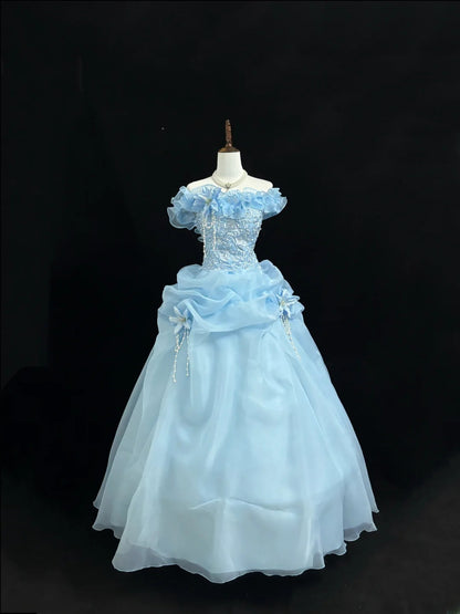 Princess Ball Gown Off The Shoulder Blue With Lace Sleeves Long Quince Dress Voluminous Sweet 16 Sweet Sixteen Outfits Vestido de 15 RB7551