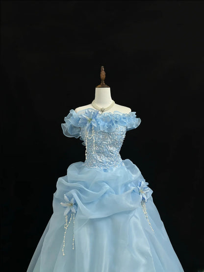 Princess Ball Gown Off The Shoulder Blue With Lace Sleeves Long Quince Dress Voluminous Sweet 16 Sweet Sixteen Outfits Vestido de 15 RB7551