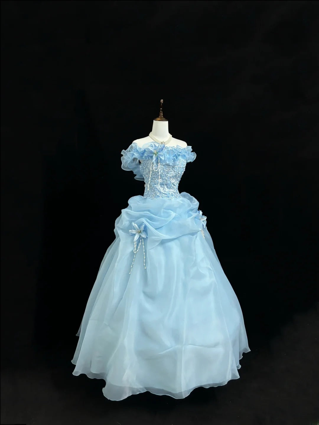 Princess Ball Gown Off The Shoulder Blue With Lace Sleeves Long Quince Dress Voluminous Sweet 16 Sweet Sixteen Outfits Vestido de 15 RB7551