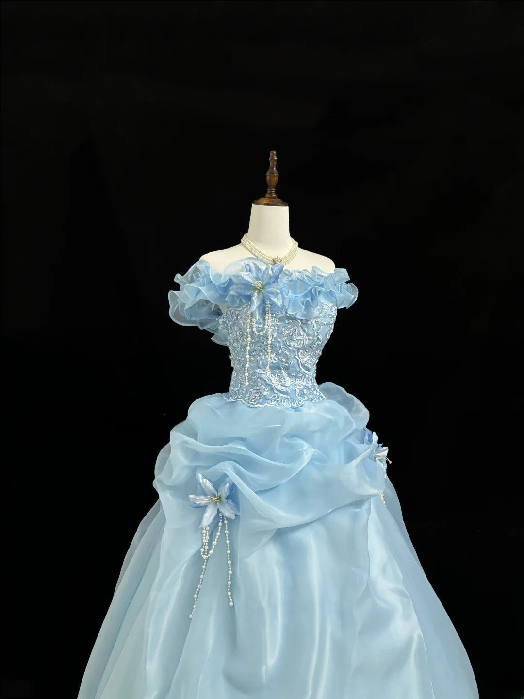 Princess Ball Gown Off The Shoulder Blue With Lace Sleeves Long Quince Dress Voluminous Sweet 16 Sweet Sixteen Outfits Vestido de 15 RB7551