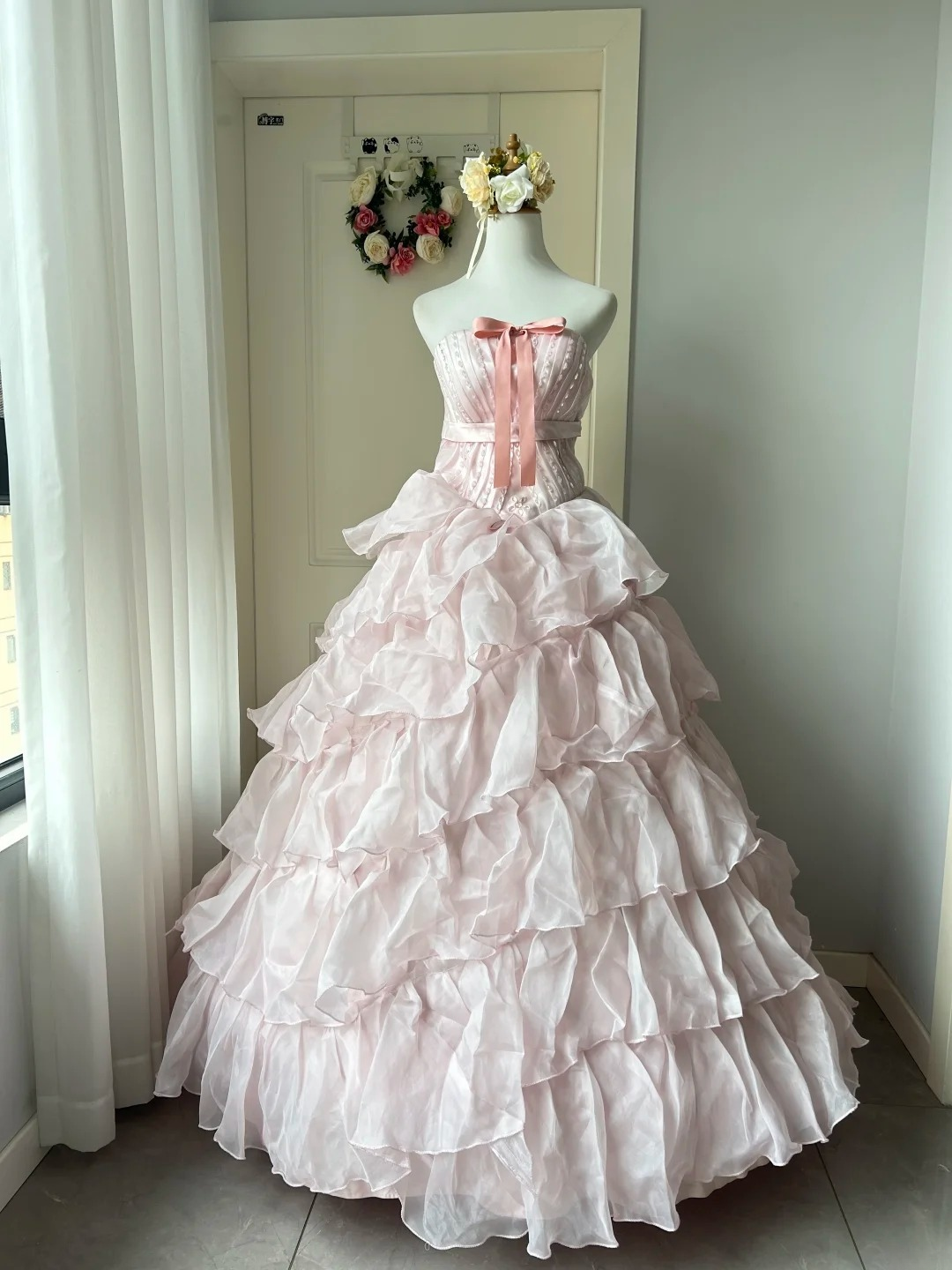 Sweet 16 Quinceanera Dress Ball Gown Strapless Light Pink With Tiered Layers Beaded 16th Birthday Party Gown RC0929