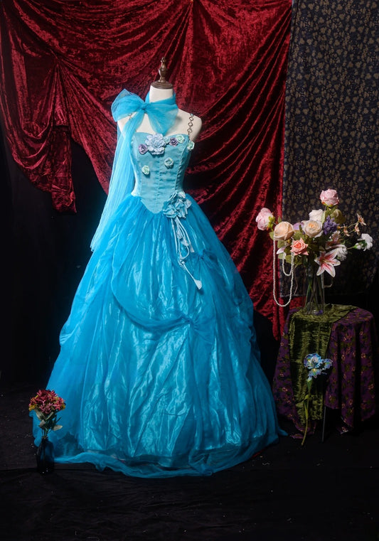 Ball Gown Spaghetti Straps Blue Tulle Long Vintage 2000s Prom Dress Inspiration Party Senior Dance Formal Dresses RB8659