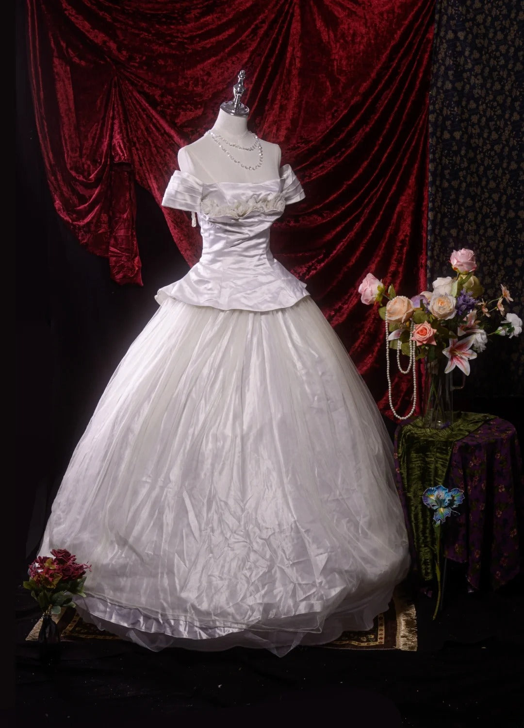 Vintage Ball Gown Off The Shoulder White 2000s With Flowers Long Autumn Winter Bridal Dress Wedding Dresses RB8773