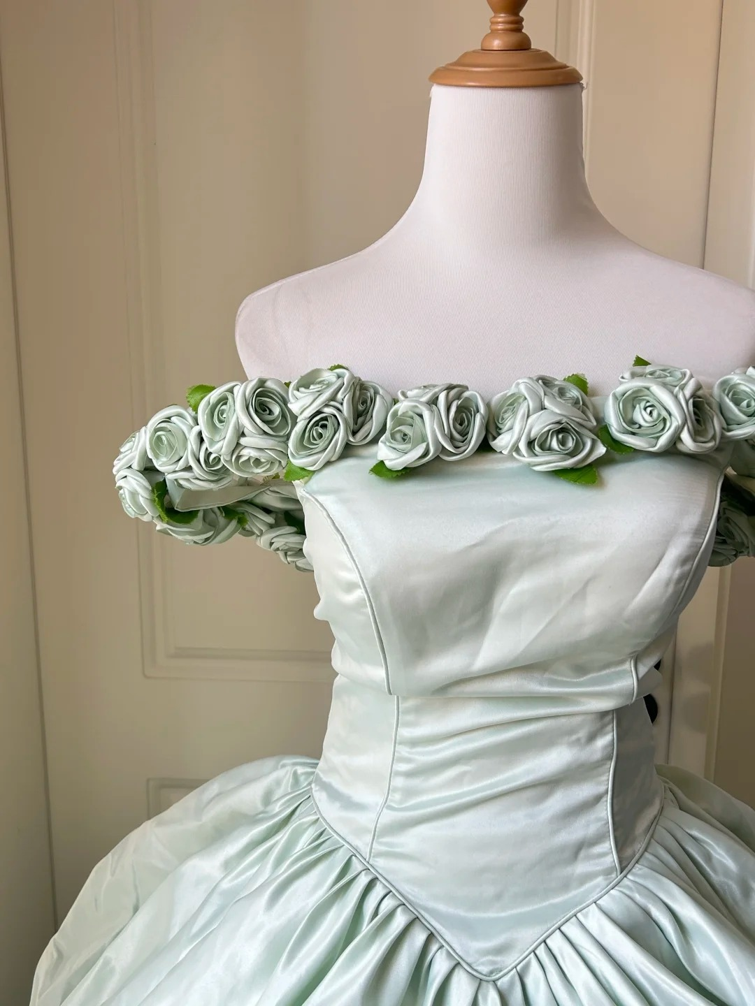 Sweet 16 Quinceanera Dress Ball Gown Off Shoulder Mint Green Satin With Flowers 16th Birthday Party Gown RC0932