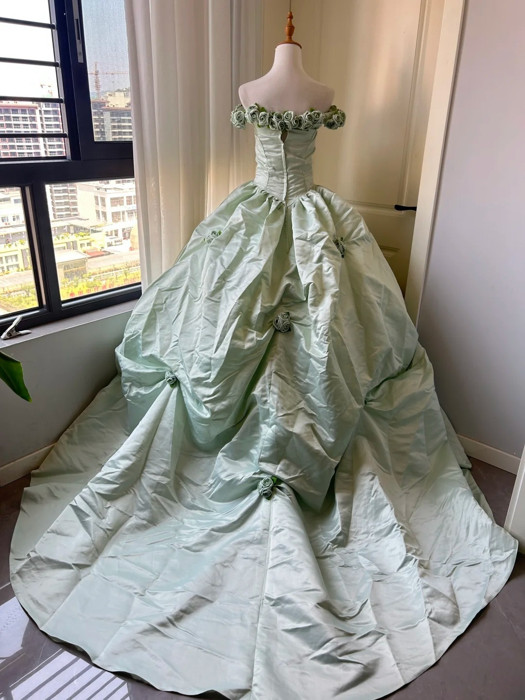 Sweet 16 Quinceanera Dress Ball Gown Off Shoulder Mint Green Satin With Flowers 16th Birthday Party Gown RC0932