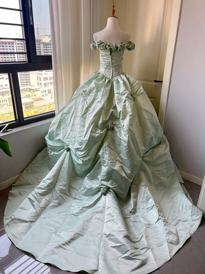 Sweet 16 Quinceanera Dress Ball Gown Off Shoulder Mint Green Satin With Flowers 16th Birthday Party Gown RC0932