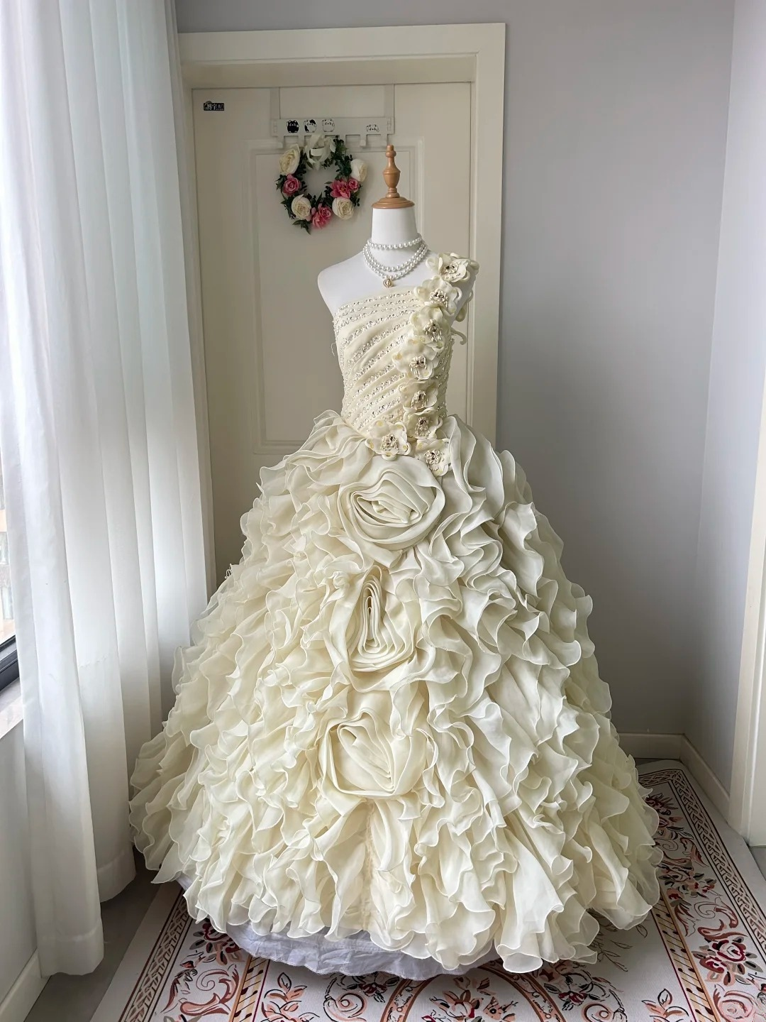 Sweet 16 Quinceanera Dress Ball Gown One Shoulder Yellow Tiered Layers With Flowers 16th Birthday Party Gown RC0933