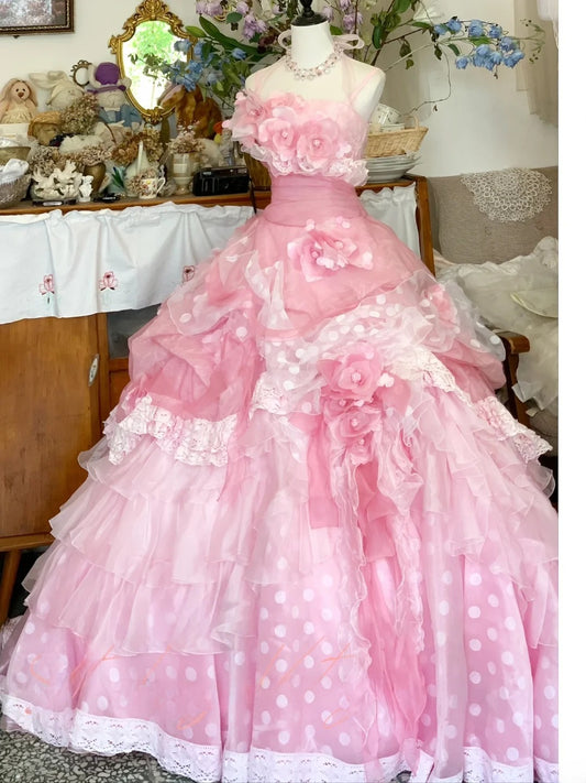 Sweet 16 Dress Ball Gown Halter Pink Floral With Tiered Layers Vestido De 15 Sweet Sixteen Dress RB9601