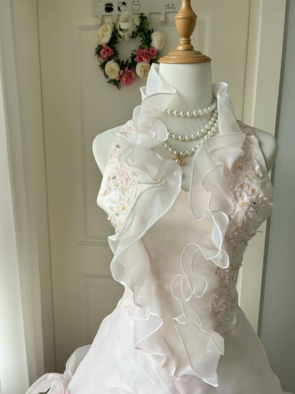 Sweet 16 Quinceanera Dress Ball Gown Halter Pink With Tiered Layers 16th Birthday Party Gown RC0936