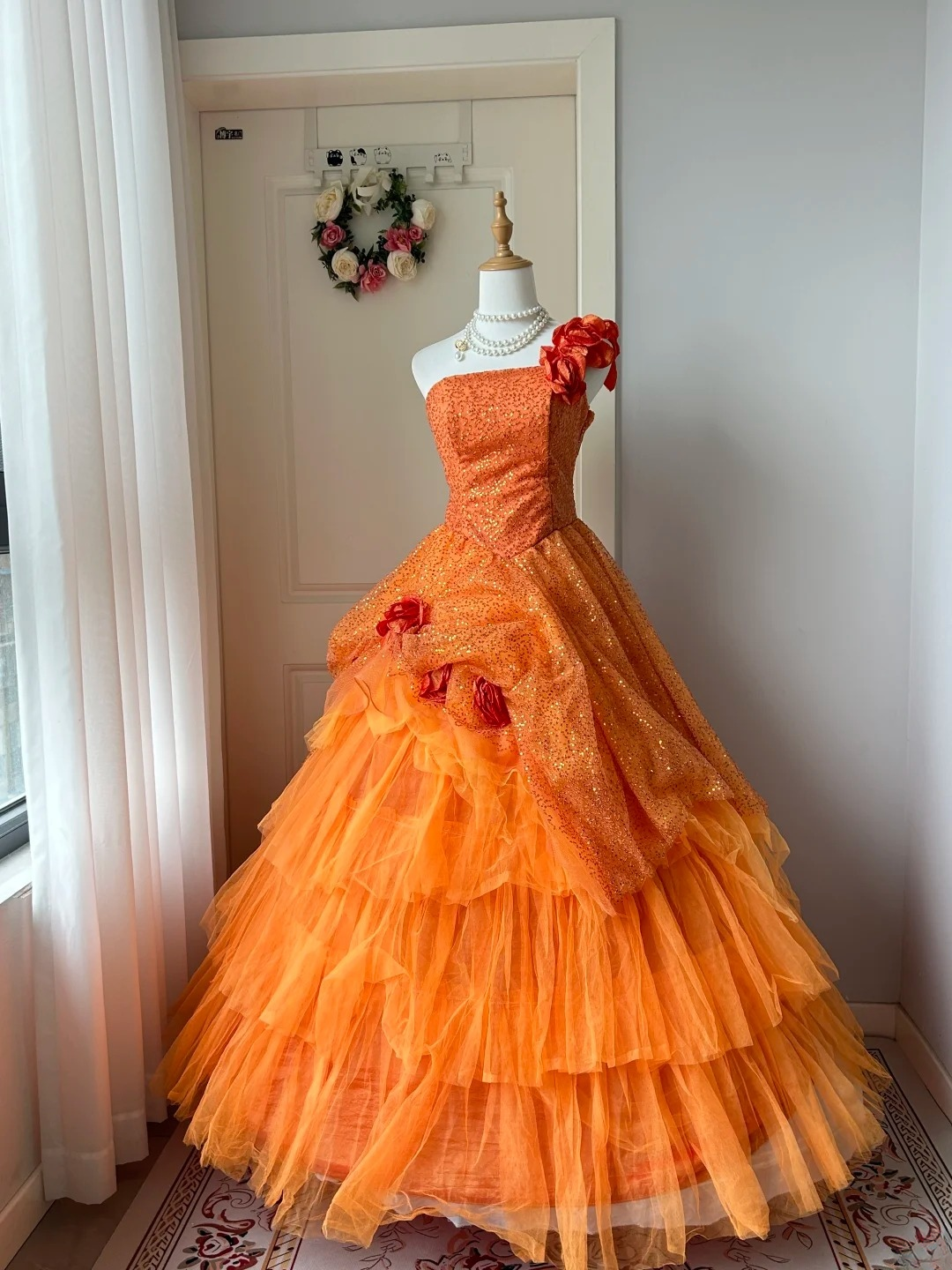 Sweet 16 Quinceanera Dress Ball Gown One Shoulder Orange Tulle With Tiered Layers Sequin Birthday Party Gown RC0938