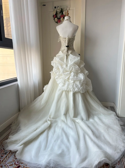 Wedding Dress Modest Ball Gown Sweetheart Tulle White With Tiered Beads Long Train Bridal Gown RC0940