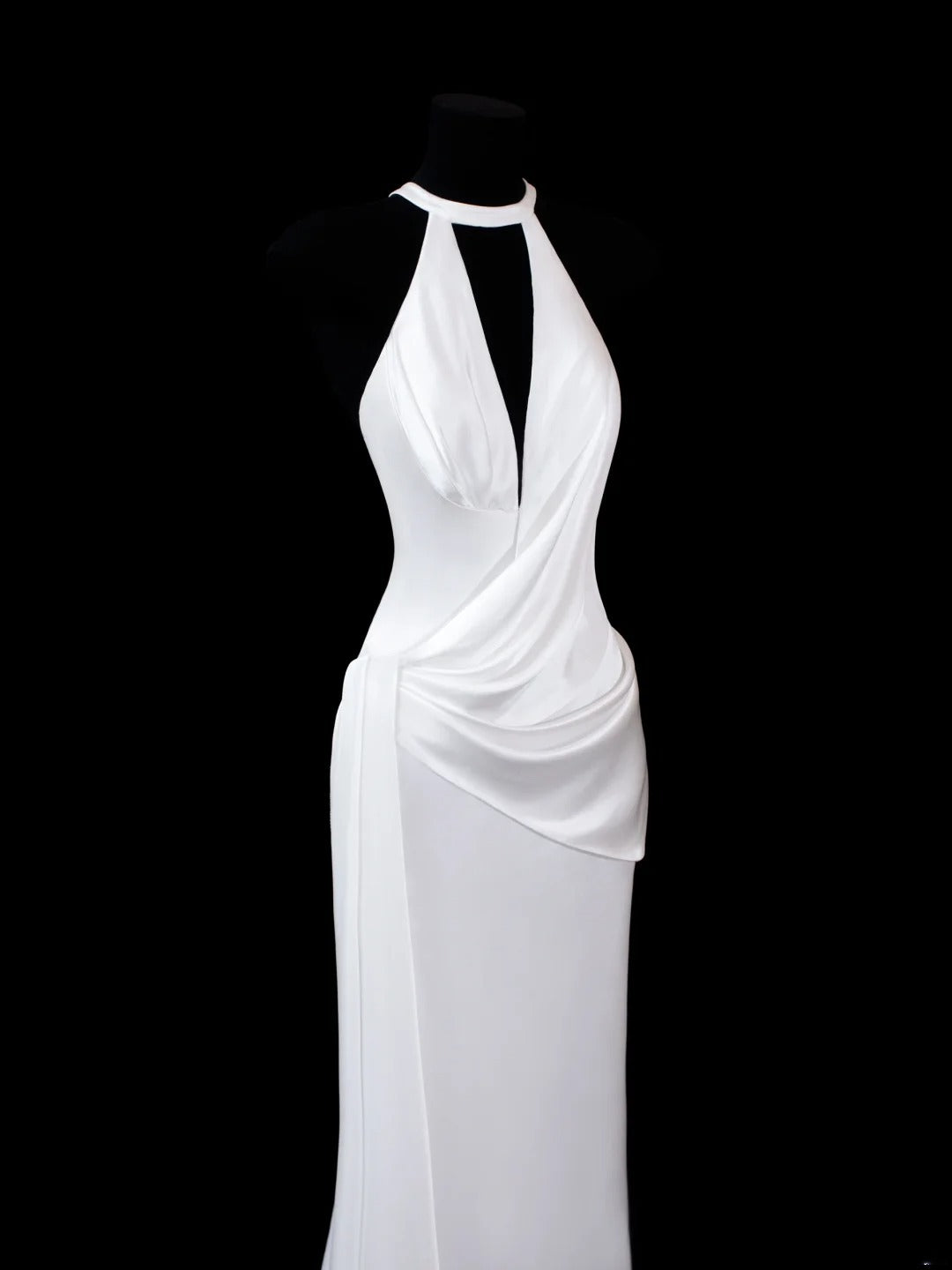 Zeitloses, ärmelloses Etuikleid aus weißem Satin mit tiefem Ausschnitt und offenem Rücken, langes, tailliertes Vintage-Brautkleid im Stil der 1920er Jahre, AS586