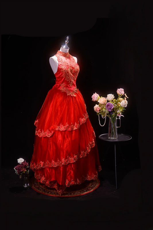 Pretty Ball Gown High Neck Red Quinceanera Dresses With Lace For Sweet 15 Anos Celebration Birthday Formal Gown RB8777