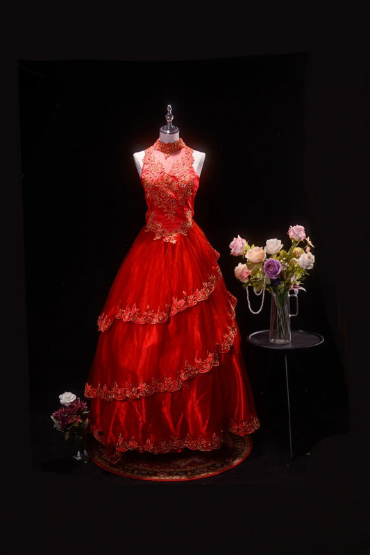 Pretty Ball Gown High Neck Red Quinceanera Dresses With Lace For Sweet 15 Anos Celebration Birthday Formal Gown RB8777