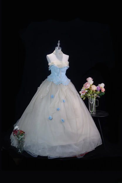 Pretty Ball Gown Strapless Champagne Quinceanera Dresses With Flowers For Sweet 15 Anos Celebration Birthday Formal Gown RB8778
