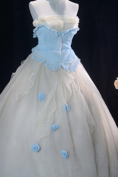 Pretty Ball Gown Strapless Champagne Quinceanera Dresses With Flowers For Sweet 15 Anos Celebration Birthday Formal Gown RB8778