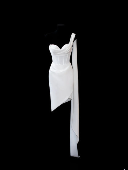 Simple Wedding Gowns 1960s Dresses Sheath One Shoulder Chic Style for Bride Satin Short White Petite/Plus Size Bridal Gown AS590