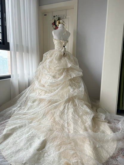 Wedding Dress Modest Ball Gown Strapless Satin Cream Ivory With Lace Tiered Train Bridal Gown RC0944