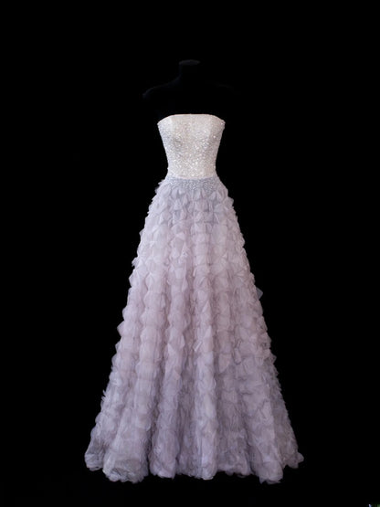 Elegantes, trägerloses Ballkleid aus lila Tüll mit Perlen, langes, formelles Abendkleid, elegantes Partykleid AS592