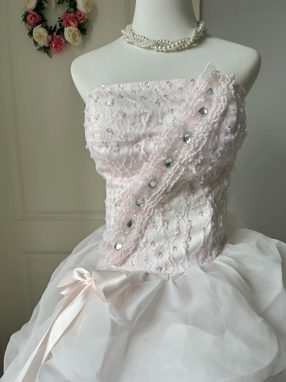 Sweet 16 Quinceanera Dress Ball Gown Strapless Pink With Tiered Layers Lace 16th Birthday Party Outfits RC0946