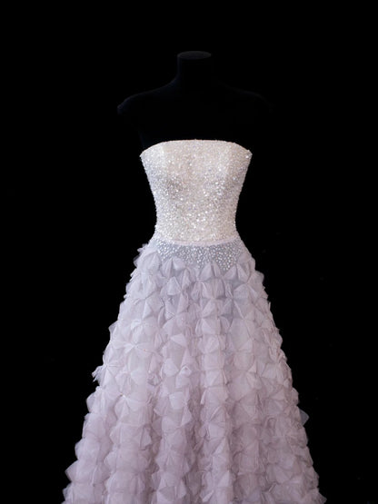 Elegantes, trägerloses Ballkleid aus lila Tüll mit Perlen, langes, formelles Abendkleid, elegantes Partykleid AS592
